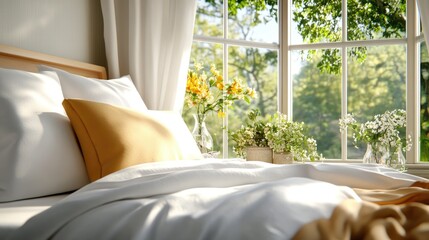 Warm morning sunlight fills the room, illuminating a cozy bed by the window.
