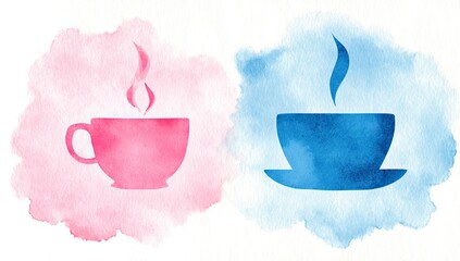 Two watercolor coffee cups, pink and blue