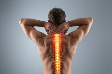 Man holding neck with glowing spine indicating pain and discomfort