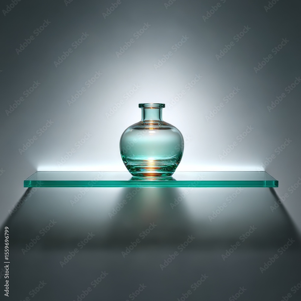 Poster Illuminated Tranquility: A Teal Glass Bottle on a Floating Shelf with Soft, Shadowy Background