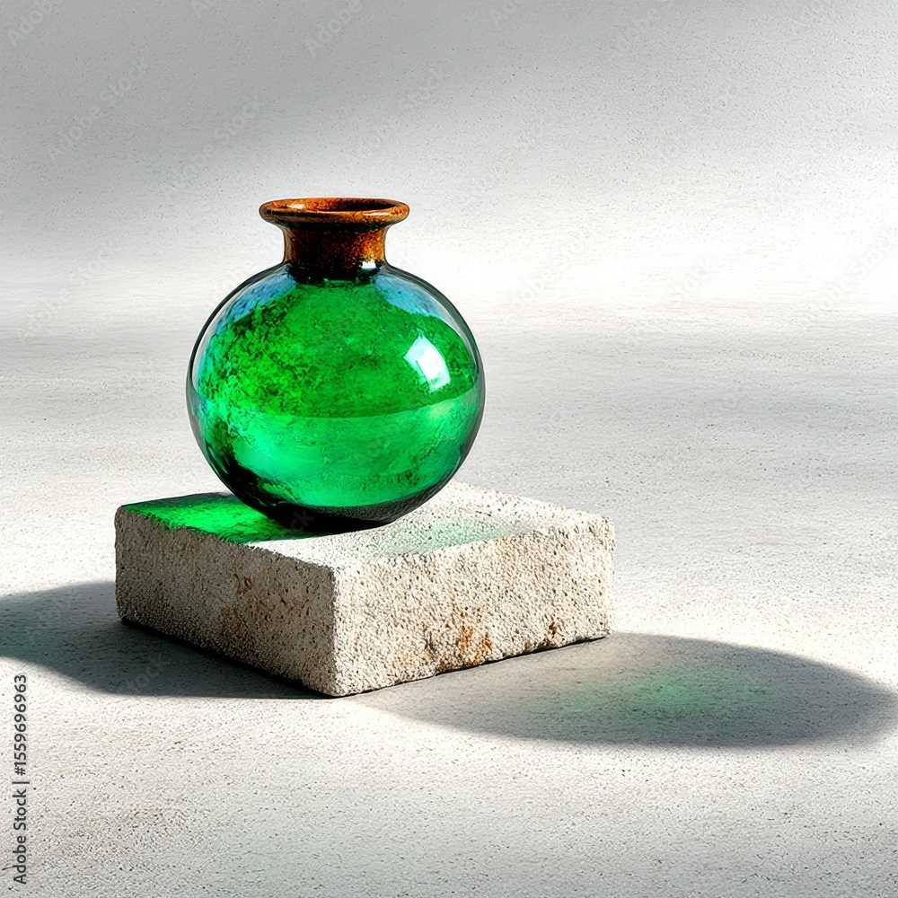 Poster Minimalist composition: Emerald glass vase on concrete block under natural light casting a shadow, creating an abstract still life.