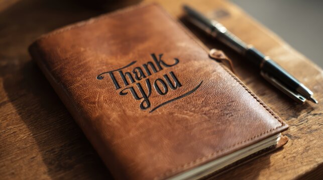 Grateful Writing: A beautifully crafted leather-bound journal, inscribed with the words Thank You, rests invitingly beside a sleek pen on a weathered wooden surface.