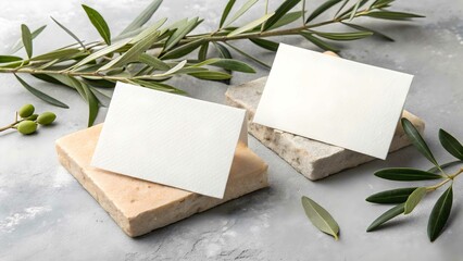 Business cards mockup with olive branch and stone blocks