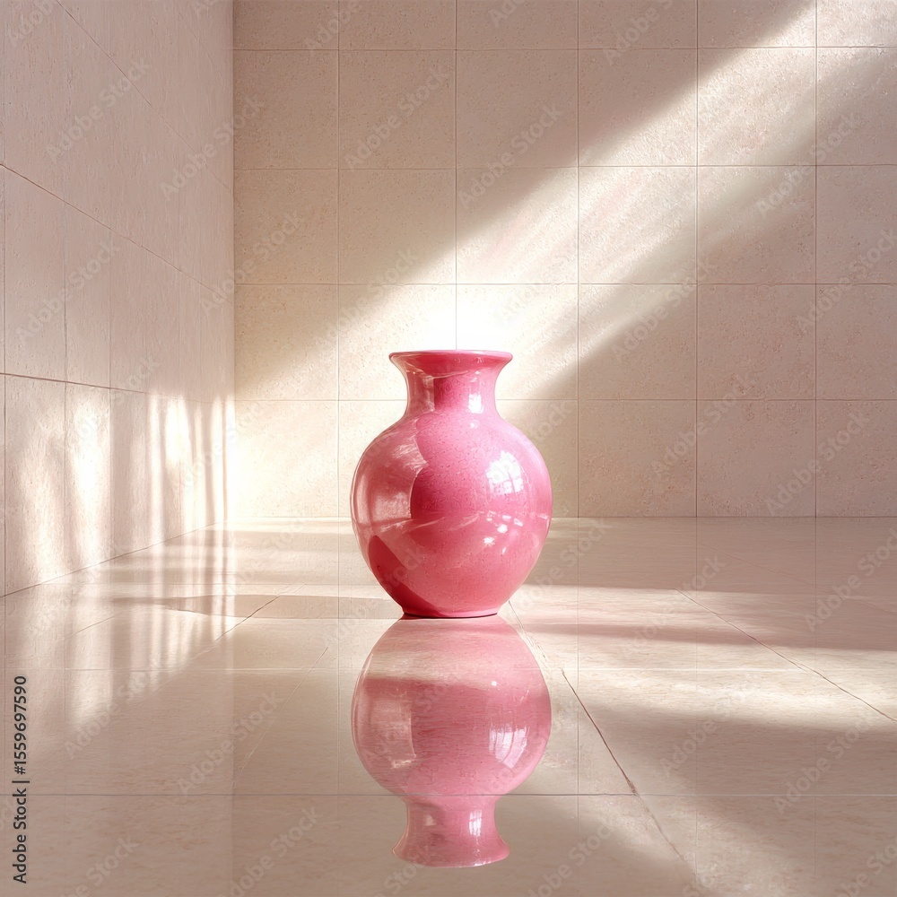 Poster Pink Vase Reflection: A Still Life of Light and Form in a Tiled Room, Capturing the Essence of Modern Minimalism.