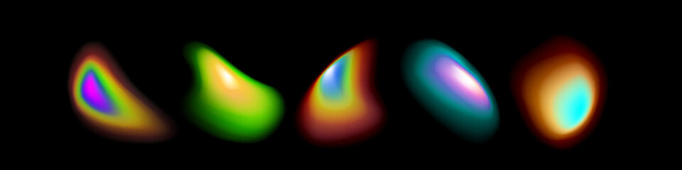 Vibrant gradient aura collection with glowing rainbow colors on black background. Realistic abstract luminous shapes in neon multicolored halos for modern digital art and futuristic designs.