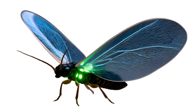 Firefly mid-flight with light glowing, small body detail, wings translucent, perfect for transparent use