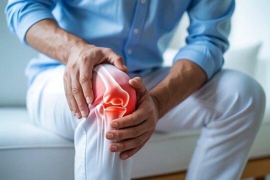 Man experiencing knee pain holding his joint with a highlighted red area indicating discomfort