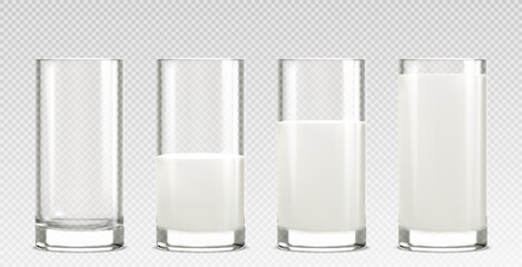 Glass cup collection showing milk filling stages - from empty transparent tumbler to full white dairy beverage. Clear drinking vessels with progressive liquid levels for nutrition concept presentation