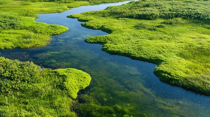 Serene River Flowing Through Lush Green Marshland Landscape