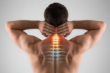 Man holding his neck experiencing pain with highlighted spinal column and vertebrae