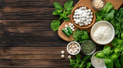 Assorted Natural Ingredients and Herbs on Wooden Table Background