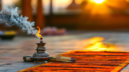 Wooden incense burner made of walnut wood, light smoke emanating from it, placed on a dark red carpet, dazzling and detailed, soft lighting with side sunlight, side shot, 50mm lens