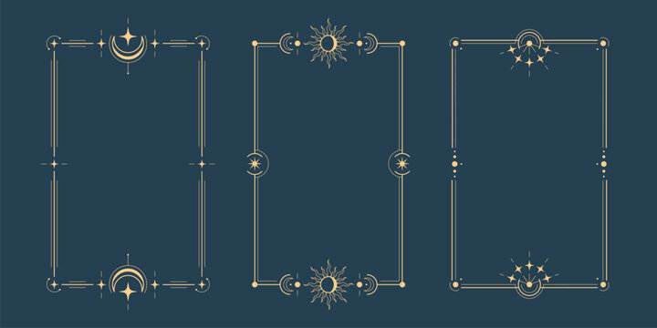 Golden tarot frame collection with celestial moon symbols on blue background - mystical rectangular borders with stars, crescents and ornate corner for spiritual card design. Elegant occult decoration