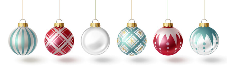 Christmas tree bauble set in 3d glass style with decorative patterns - striped, plaid, geometric and dotted ornaments hanging on golden strings, colorful holiday decorations for festive designs.