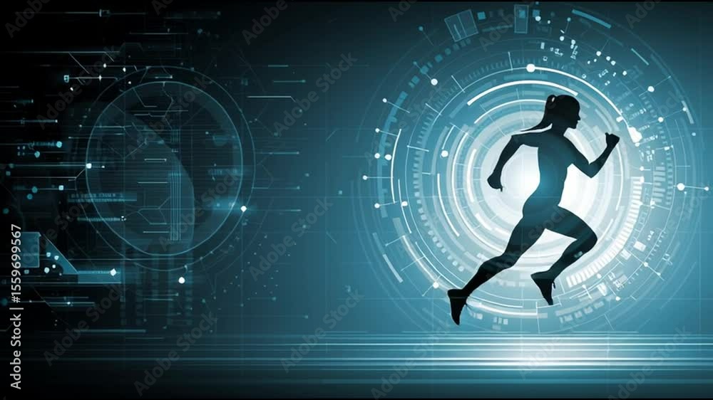 Poster running with technology in a futuristic environment showcasing digital transformation and fitness in