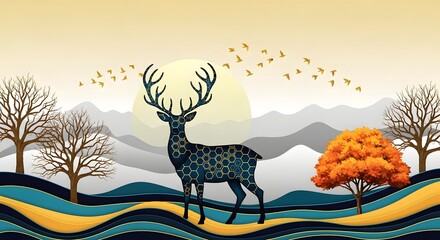 Abstract deer landscape art painting illustration nature background animal wildlife design
