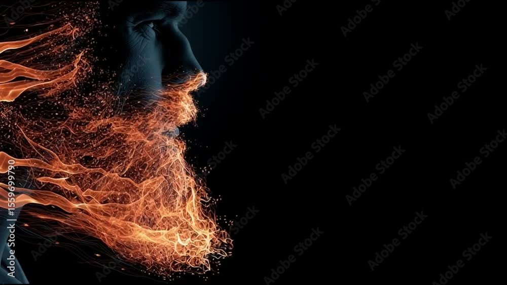 Poster captivating visual of flames forming a man's face with an artistic blend of colors and intricate det