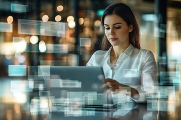 Office automation system on laptop, paperless document flow, woman reviewing files virtually