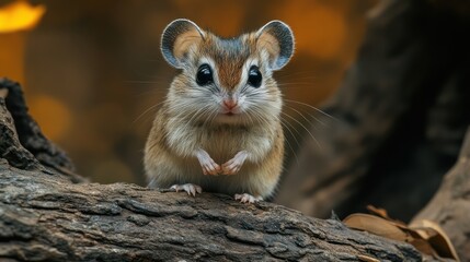 A captivating close-up of a cute deer mouse perched on a weathered branch