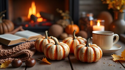 Autumn Cozy Vibes: Pumpkins, Candles, Blanket and Hot Drink