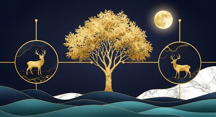 Golden deer tree moon art illustration luxury design decorative background wallpaper nature scene