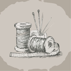 Vintage-style hand-sketched vector of sewing gear like thread, needle, tape, and thimble drawn in quick, casual lines on craft paper background.
