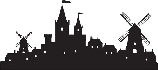 Obraz premium Castle and Urban Skyline Silhouette