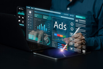 Digital advertising and marketing analytics concept. data analysis, SEO and business technology investment. Marketer analyzing an online advertising campaign on a futuristic virtual dashboard, ads.