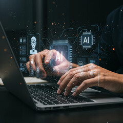 Title: Woman Using AI-Driven Data Analysis and Digital Dashboard


