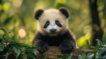 Innocent Gaze: Close-Up Portrait of a Curious Panda Cub Amongst Lush Greens