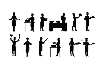 Diverse Chefs and Kitchen Staff Silhouettes - Food Preparation Vector Set