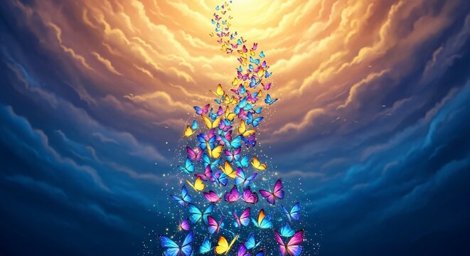 A swarm of colorful butterflies rising towards a bright light in a cloudy sky digital illustration