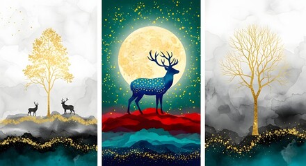 Watercolor deer painting golden trees mystical forest landscape art print canvas wall decor