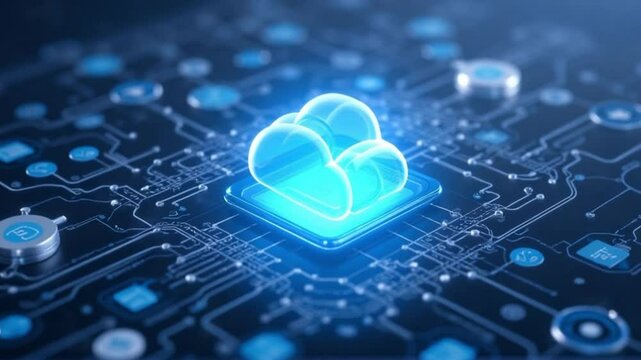 Futuristic smartphone displaying cloud computing infrastructure with glowing digital network