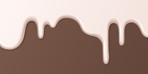 Pink ice cream drip melting over chocolate brown background. Sweet dessert topping flowing down with glossy texture for confectionery designs, bakery promotions, summer treats food packaging.