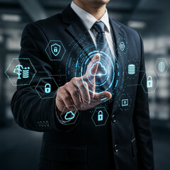 Title: Businessman Engaging with Virtual Cybersecurity and Data Protection Icons


