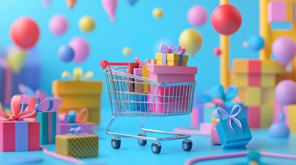 A miniature shopping cart overflowing with colorful gifts surrounded by balloons and presents on a vibrant blue background.