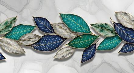 Abstract leaves background marble texture green blue gold leaf design elegant nature art decor