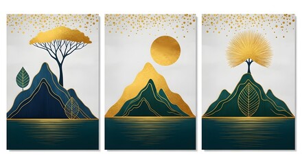 Abstract landscape painting with golden sun trees and mountains modern art wall decor design