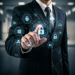 Title: Businessman Engaging with Virtual Cybersecurity and Data Protection Icons


