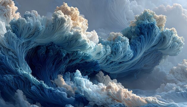 Cognitive cloud-architecture with flowing brainwave textures in deep blue