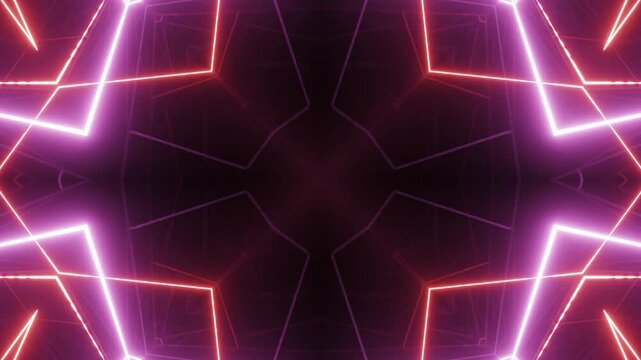 Hypnotic Neon Line Kaleidoscope Seamless Animation. Bright neon lines forming a kaleidoscope effect centered on black seamless loop