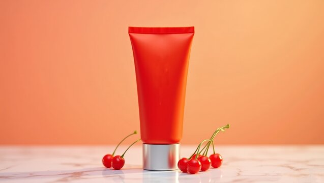 Red Cosmetic Tube with Cherries on Marble Surface