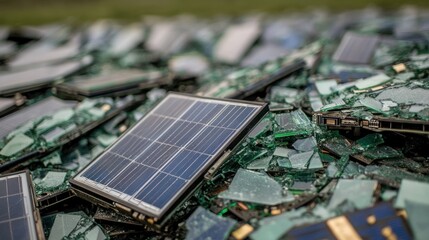 Broken solar panels scattered on the ground