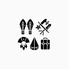 set of stylized black and white military and camp icon