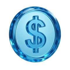 Obraz premium A vibrant blue glass coin features a prominent dollar sign, representing currency, finance, and investment.