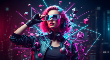 Futuristic woman in a neon metaverse with geometric shapes.