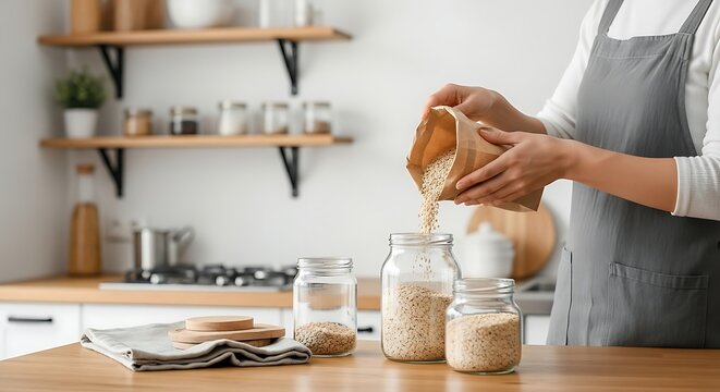 A woman pours grains from a paper bag into glass jars in a kitchen. - Powered by Adobe