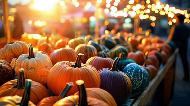 A vibrant display of various pumpkins illuminated by warm light, likely at a market or festival setting.