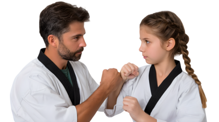 Karate instructor demonstrating wrist lock to student, instructional action, isolated on white background, realistic motion and expression